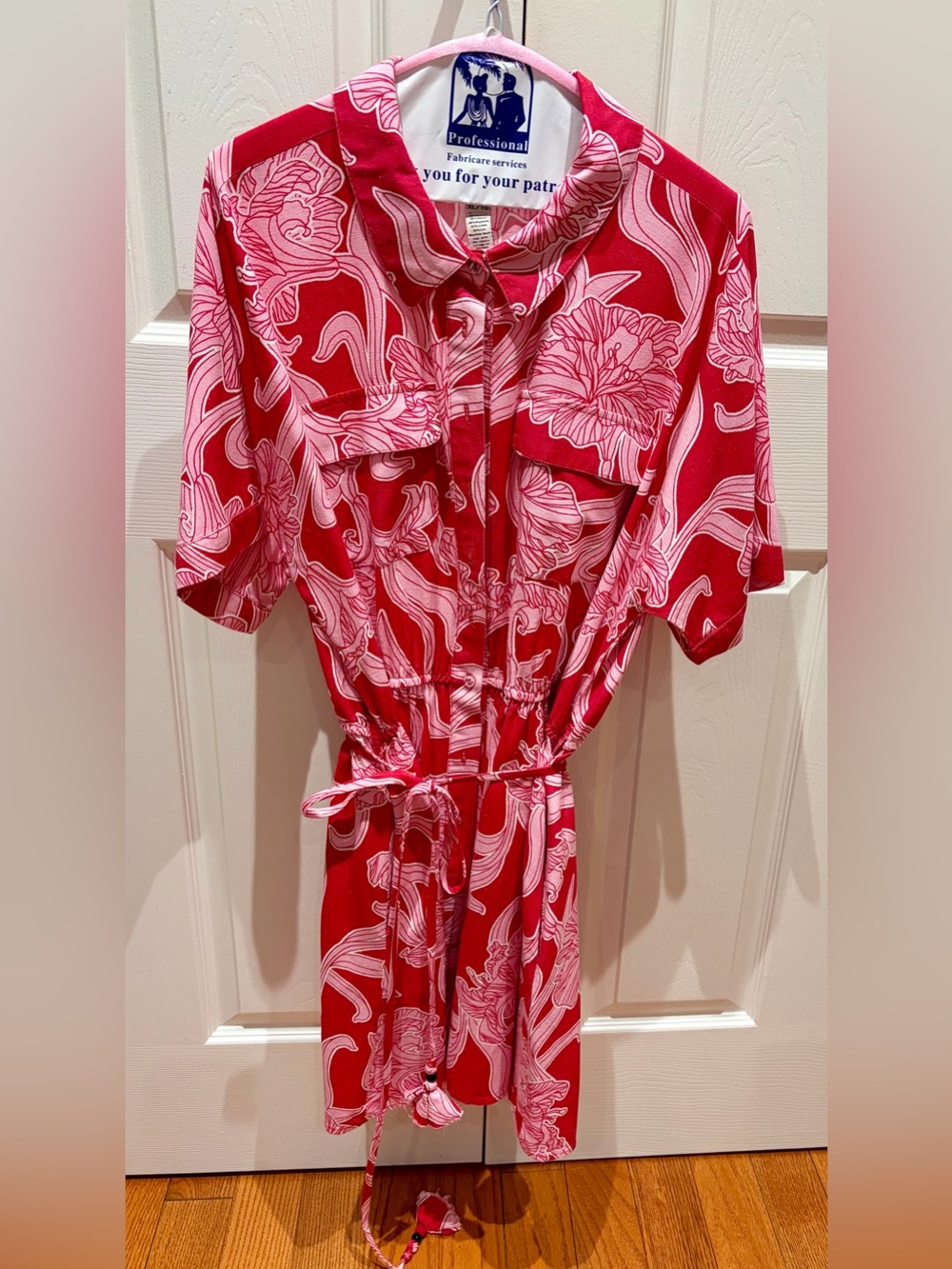 NWT Lea Red Pink Floral Midi Shirt Dress with Tie Waist